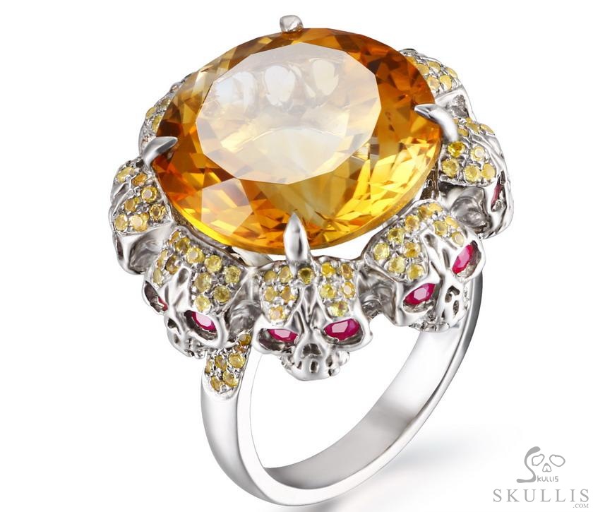 Circle of Fate - Gem Skull Ring of Round Cut Citrine Hand Carved with Skull Ruby Eyes Skulls in 925 Sterling Silver, Crystal Healing Skull Jewelry, for Women & Men Circle of Fate - Gem Skull Ring of Round Cut Citrine Hand Carved with Skull Ruby Eyes Skulls in 925 Sterling Silver, Crystal Healing Skull Jewelry, for Women & Men