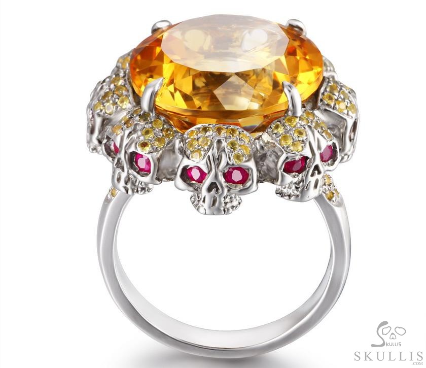 Circle of Fate - Gem Skull Ring of Round Cut Citrine Hand Carved with Skull Ruby Eyes Skulls in 925 Sterling Silver, Crystal Healing Skull Jewelry, for Women & Men Circle of Fate - Gem Skull Ring of Round Cut Citrine Hand Carved with Skull Ruby Eyes Skulls in 925 Sterling Silver, Crystal Healing Skull Jewelry, for Women & Men