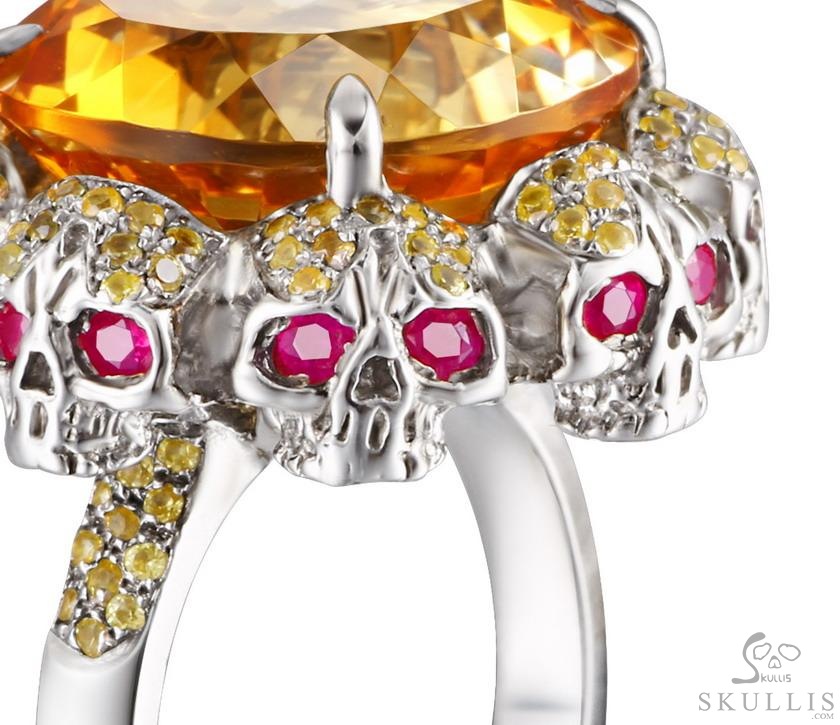 Circle of Fate - Gem Skull Ring of Round Cut Citrine Hand Carved with Skull Ruby Eyes Skulls in 925 Sterling Silver, Crystal Healing Skull Jewelry, for Women & Men Circle of Fate - Gem Skull Ring of Round Cut Citrine Hand Carved with Skull Ruby Eyes Skulls in 925 Sterling Silver, Crystal Healing Skull Jewelry, for Women & Men