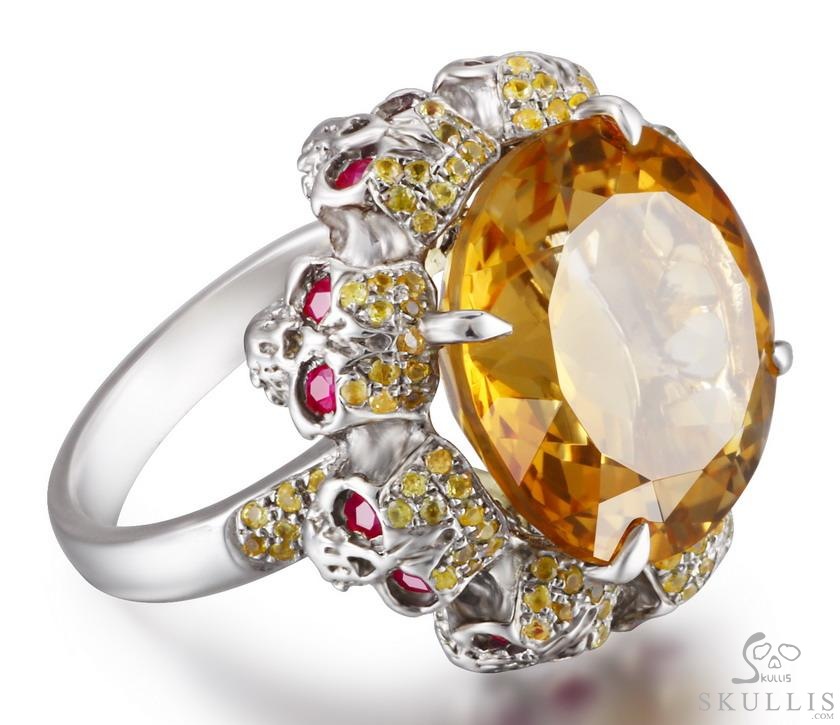 Circle of Fate - Gem Skull Ring of Round Cut Citrine Hand Carved with Skull Ruby Eyes Skulls in 925 Sterling Silver, Crystal Healing Skull Jewelry, for Women & Men Circle of Fate - Gem Skull Ring of Round Cut Citrine Hand Carved with Skull Ruby Eyes Skulls in 925 Sterling Silver, Crystal Healing Skull Jewelry, for Women & Men