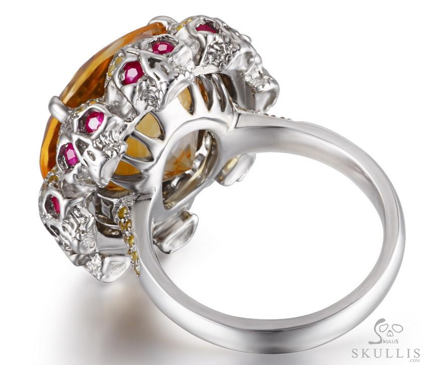 Circle of Fate - Gem Skull Ring of Round Cut Citrine Hand Carved with Skull Ruby Eyes Skulls in 925 Sterling Silver, Crystal Healing Skull Jewelry, for Women & Men Circle of Fate - Gem Skull Ring of Round Cut Citrine Hand Carved with Skull Ruby Eyes Skulls in 925 Sterling Silver, Crystal Healing Skull Jewelry, for Women & Men