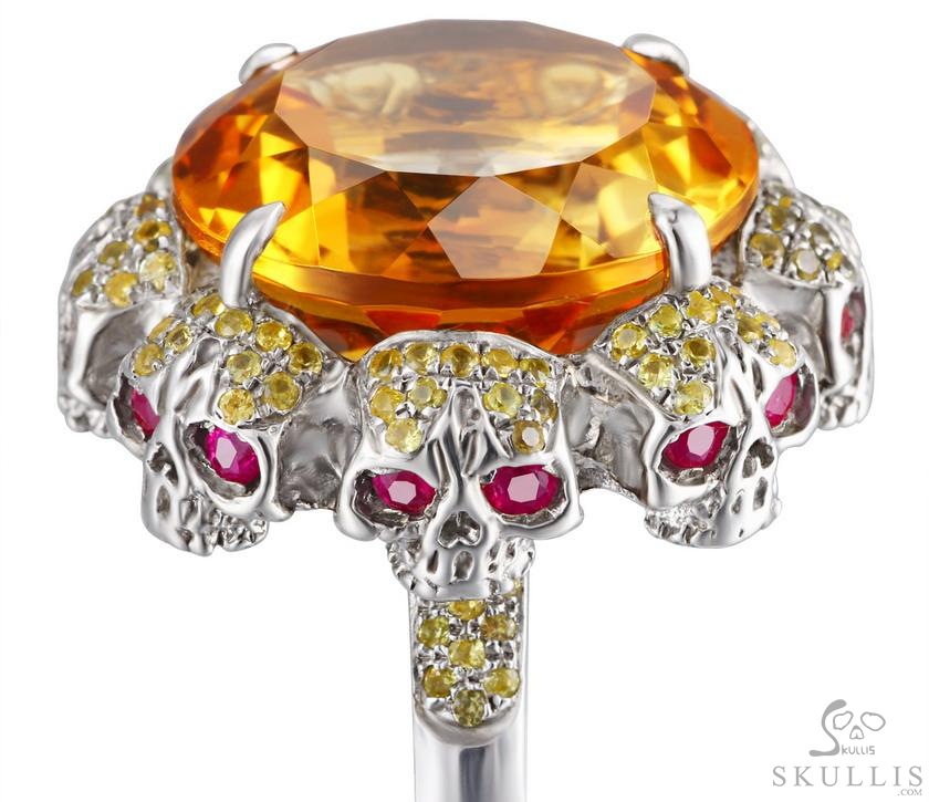 Circle of Fate - Gem Skull Ring of Round Cut Citrine Hand Carved with Skull Ruby Eyes Skulls in 925 Sterling Silver, Crystal Healing Skull Jewelry, for Women & Men Circle of Fate - Gem Skull Ring of Round Cut Citrine Hand Carved with Skull Ruby Eyes Skulls in 925 Sterling Silver, Crystal Healing Skull Jewelry, for Women & Men