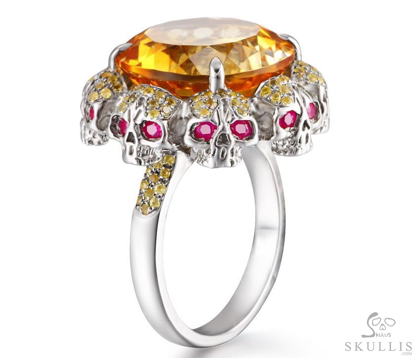 Circle of Fate - Gem Skull Ring of Round Cut Citrine Hand Carved with Skull Ruby Eyes Skulls in 925 Sterling Silver, Crystal Healing Skull Jewelry, for Women & Men Circle of Fate - Gem Skull Ring of Round Cut Citrine Hand Carved with Skull Ruby Eyes Skulls in 925 Sterling Silver, Crystal Healing Skull Jewelry, for Women & Men