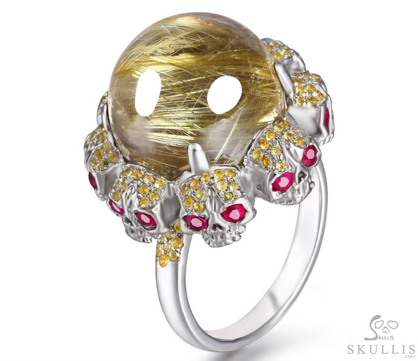 Circle of Fate - Gem Skull Ring of Rutilated Quartz Rock Crystal Hand Carved with Skull Ruby Eyes Skulls in 925 Sterling Silver, Crystal Healing Skull Jewelry, for Women & Men Circle of Fate - Gem Skull Ring of Rutilated Quartz Rock Crystal Hand Carved with Skull Ruby Eyes Skulls in 925 Sterling Silver, Crystal Healing Skull Jewelry, for Women & Men