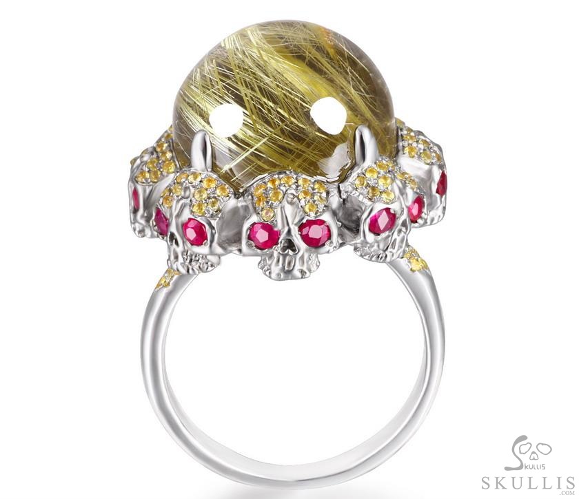Circle of Fate - Gem Skull Ring of Rutilated Quartz Rock Crystal Hand Carved with Skull Ruby Eyes Skulls in 925 Sterling Silver, Crystal Healing Skull Jewelry, for Women & Men Circle of Fate - Gem Skull Ring of Rutilated Quartz Rock Crystal Hand Carved with Skull Ruby Eyes Skulls in 925 Sterling Silver, Crystal Healing Skull Jewelry, for Women & Men