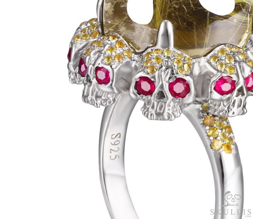 Circle of Fate - Gem Skull Ring of Rutilated Quartz Rock Crystal Hand Carved with Skull Ruby Eyes Skulls in 925 Sterling Silver, Crystal Healing Skull Jewelry, for Women & Men Circle of Fate - Gem Skull Ring of Rutilated Quartz Rock Crystal Hand Carved with Skull Ruby Eyes Skulls in 925 Sterling Silver, Crystal Healing Skull Jewelry, for Women & Men