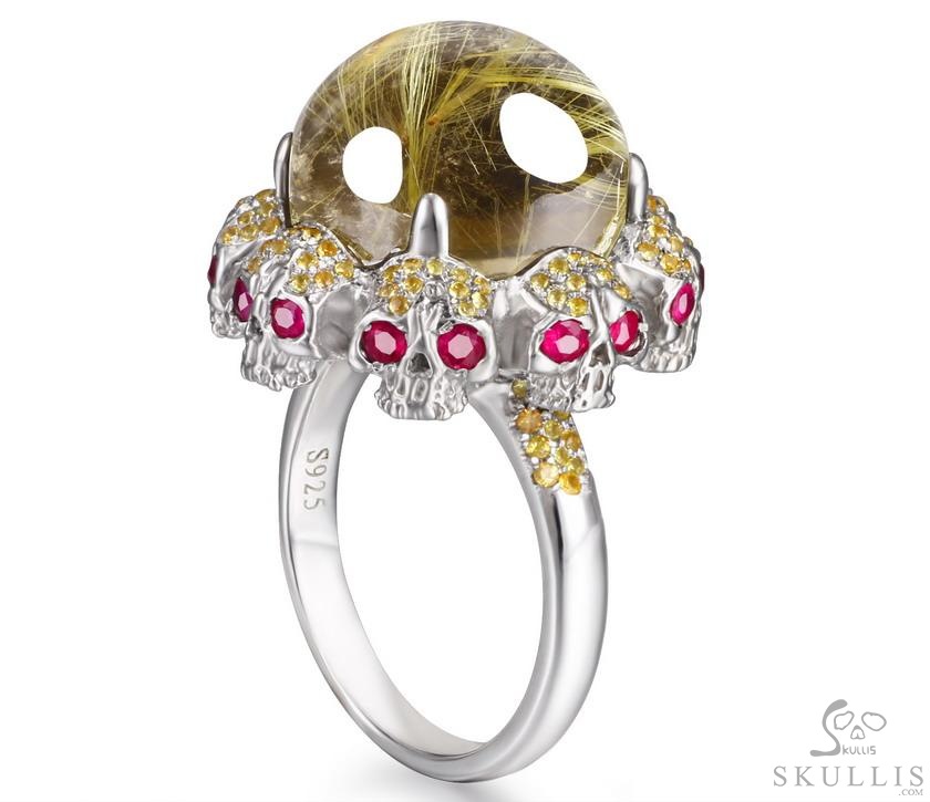 Circle of Fate - Gem Skull Ring of Rutilated Quartz Rock Crystal Hand Carved with Skull Ruby Eyes Skulls in 925 Sterling Silver, Crystal Healing Skull Jewelry, for Women & Men Circle of Fate - Gem Skull Ring of Rutilated Quartz Rock Crystal Hand Carved with Skull Ruby Eyes Skulls in 925 Sterling Silver, Crystal Healing Skull Jewelry, for Women & Men