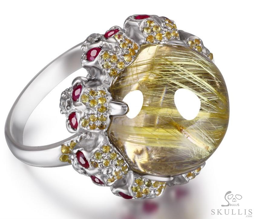 Circle of Fate - Gem Skull Ring of Rutilated Quartz Rock Crystal Hand Carved with Skull Ruby Eyes Skulls in 925 Sterling Silver, Crystal Healing Skull Jewelry, for Women & Men Circle of Fate - Gem Skull Ring of Rutilated Quartz Rock Crystal Hand Carved with Skull Ruby Eyes Skulls in 925 Sterling Silver, Crystal Healing Skull Jewelry, for Women & Men