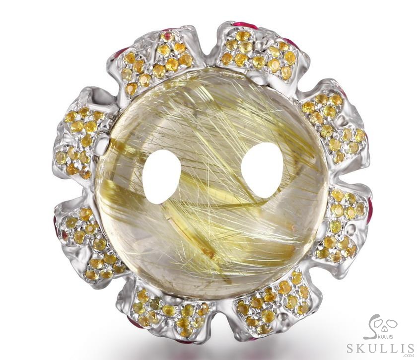 Circle of Fate - Gem Skull Ring of Rutilated Quartz Rock Crystal Hand Carved with Skull Ruby Eyes Skulls in 925 Sterling Silver, Crystal Healing Skull Jewelry, for Women & Men Circle of Fate - Gem Skull Ring of Rutilated Quartz Rock Crystal Hand Carved with Skull Ruby Eyes Skulls in 925 Sterling Silver, Crystal Healing Skull Jewelry, for Women & Men