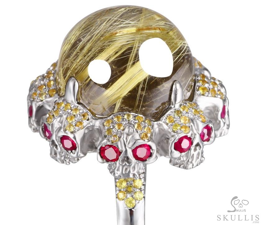 Circle of Fate - Gem Skull Ring of Rutilated Quartz Rock Crystal Hand Carved with Skull Ruby Eyes Skulls in 925 Sterling Silver, Crystal Healing Skull Jewelry, for Women & Men Circle of Fate - Gem Skull Ring of Rutilated Quartz Rock Crystal Hand Carved with Skull Ruby Eyes Skulls in 925 Sterling Silver, Crystal Healing Skull Jewelry, for Women & Men
