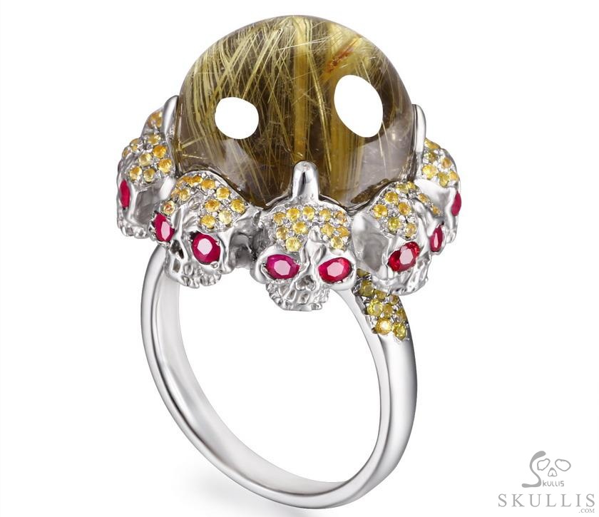 Circle of Fate - Gem Skull Ring of Rutilated Quartz Rock Crystal Hand Carved with Skull Ruby Eyes Skulls in 925 Sterling Silver, Crystal Healing Skull Jewelry, for Women & Men Circle of Fate - Gem Skull Ring of Rutilated Quartz Rock Crystal Hand Carved with Skull Ruby Eyes Skulls in 925 Sterling Silver, Crystal Healing Skull Jewelry, for Women & Men