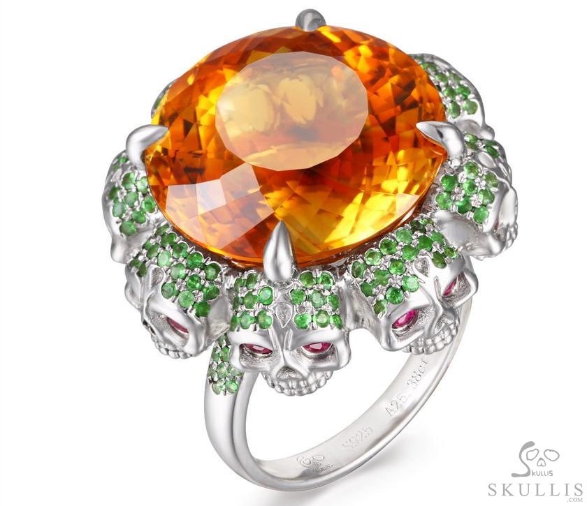 Circle of Fate - Gem Skull Ring of Round Cut Citrine Hand Carved with Skull Ruby Eyes Skulls in 925 Sterling Silver, Crystal Healing Skull Jewelry, for Women & Men Circle of Fate - Gem Skull Ring of Round Cut Citrine Hand Carved with Skull Ruby Eyes Skulls in 925 Sterling Silver, Crystal Healing Skull Jewelry, for Women & Men