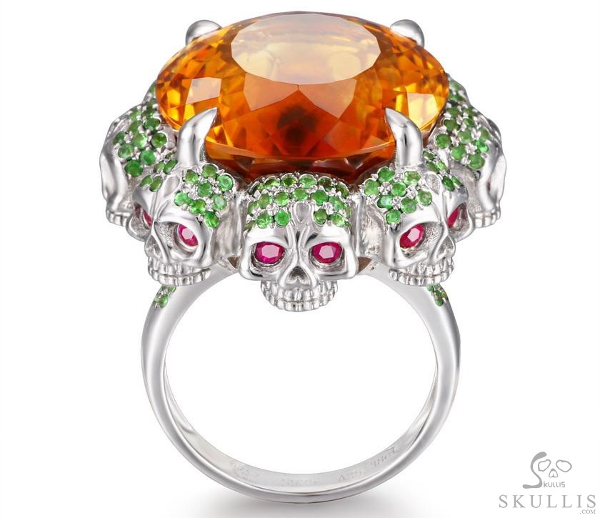 Circle of Fate - Gem Skull Ring of Round Cut Citrine Hand Carved with Skull Ruby Eyes Skulls in 925 Sterling Silver, Crystal Healing Skull Jewelry, for Women & Men Circle of Fate - Gem Skull Ring of Round Cut Citrine Hand Carved with Skull Ruby Eyes Skulls in 925 Sterling Silver, Crystal Healing Skull Jewelry, for Women & Men