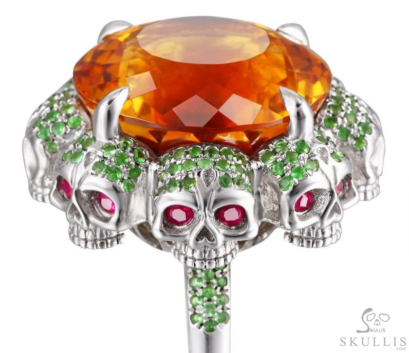 Circle of Fate - Gem Skull Ring of Round Cut Citrine Hand Carved with Skull Ruby Eyes Skulls in 925 Sterling Silver, Crystal Healing Skull Jewelry, for Women & Men Circle of Fate - Gem Skull Ring of Round Cut Citrine Hand Carved with Skull Ruby Eyes Skulls in 925 Sterling Silver, Crystal Healing Skull Jewelry, for Women & Men