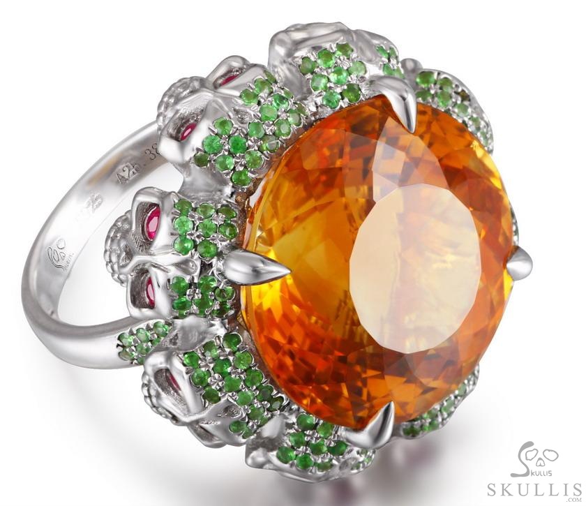 Circle of Fate - Gem Skull Ring of Round Cut Citrine Hand Carved with Skull Ruby Eyes Skulls in 925 Sterling Silver, Crystal Healing Skull Jewelry, for Women & Men Circle of Fate - Gem Skull Ring of Round Cut Citrine Hand Carved with Skull Ruby Eyes Skulls in 925 Sterling Silver, Crystal Healing Skull Jewelry, for Women & Men