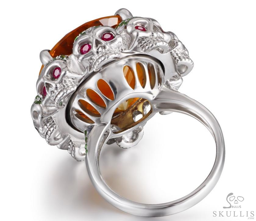 Circle of Fate - Gem Skull Ring of Round Cut Citrine Hand Carved with Skull Ruby Eyes Skulls in 925 Sterling Silver, Crystal Healing Skull Jewelry, for Women & Men Circle of Fate - Gem Skull Ring of Round Cut Citrine Hand Carved with Skull Ruby Eyes Skulls in 925 Sterling Silver, Crystal Healing Skull Jewelry, for Women & Men