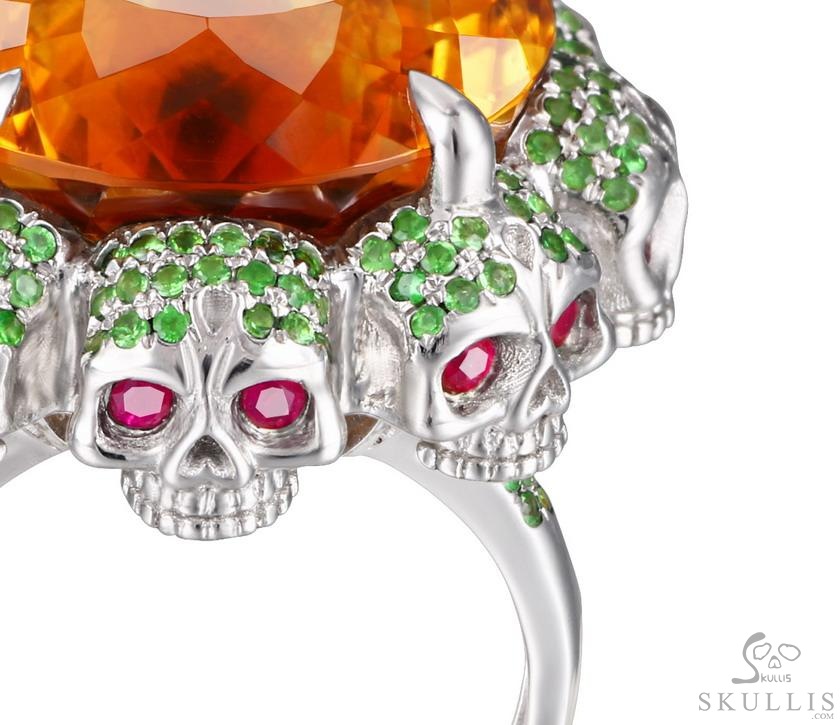 Circle of Fate - Gem Skull Ring of Round Cut Citrine Hand Carved with Skull Ruby Eyes Skulls in 925 Sterling Silver, Crystal Healing Skull Jewelry, for Women & Men Circle of Fate - Gem Skull Ring of Round Cut Citrine Hand Carved with Skull Ruby Eyes Skulls in 925 Sterling Silver, Crystal Healing Skull Jewelry, for Women & Men