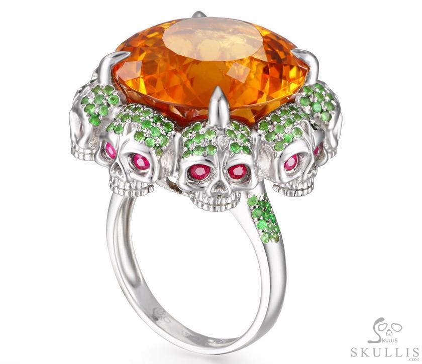 Circle of Fate - Gem Skull Ring of Round Cut Citrine Hand Carved with Skull Ruby Eyes Skulls in 925 Sterling Silver, Crystal Healing Skull Jewelry, for Women & Men Circle of Fate - Gem Skull Ring of Round Cut Citrine Hand Carved with Skull Ruby Eyes Skulls in 925 Sterling Silver, Crystal Healing Skull Jewelry, for Women & Men