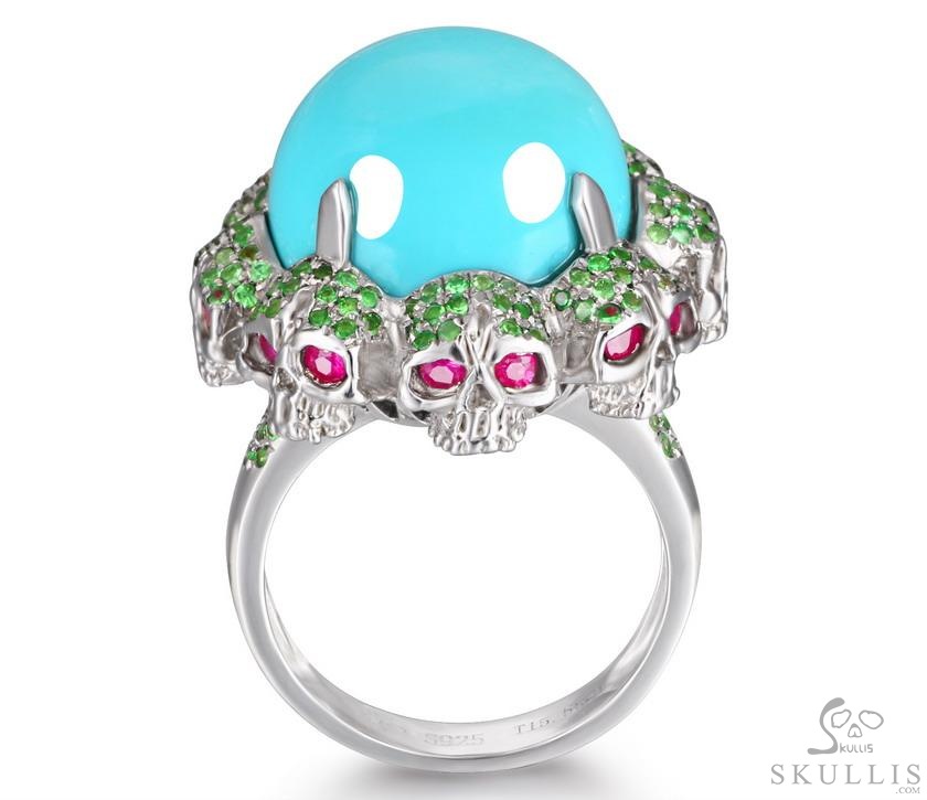 Circle of Fate - Gem Skull Ring of Turquoise Hand Carved with Skull Ruby Eyes Skulls in 925 Sterling Silver, Crystal Healing Skull Jewelry, for Women & Men Circle of Fate - Gem Skull Ring of Turquoise Hand Carved with Skull Ruby Eyes Skulls in 925 Sterling Silver, Crystal Healing Skull Jewelry, for Women & Men