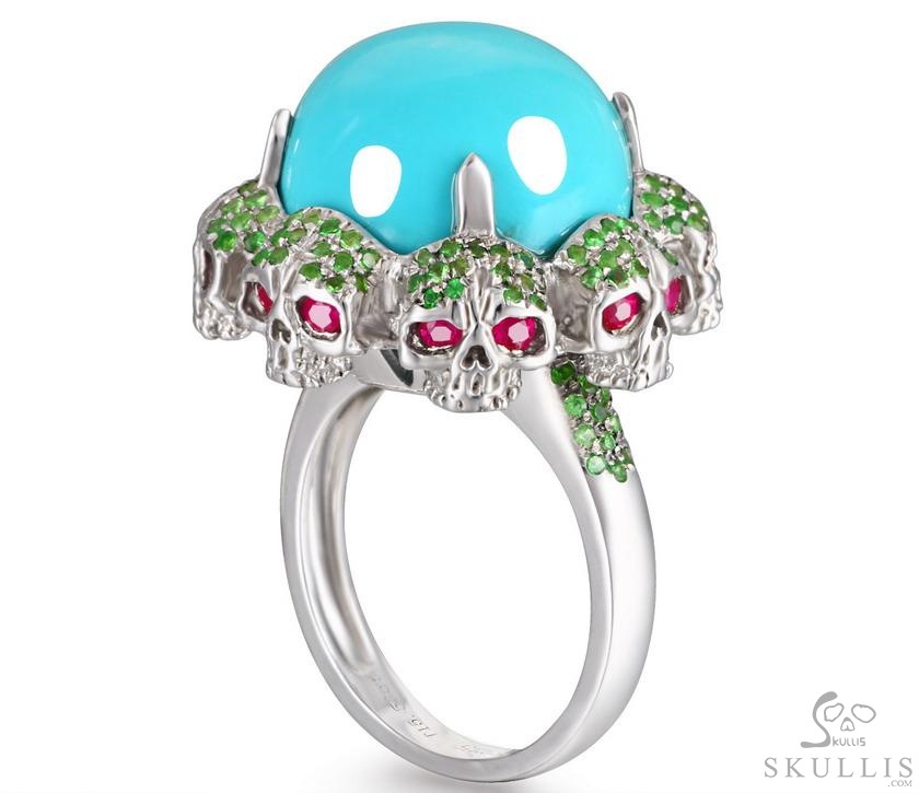 Circle of Fate - Gem Skull Ring of Turquoise Hand Carved with Skull Ruby Eyes Skulls in 925 Sterling Silver, Crystal Healing Skull Jewelry, for Women & Men Circle of Fate - Gem Skull Ring of Turquoise Hand Carved with Skull Ruby Eyes Skulls in 925 Sterling Silver, Crystal Healing Skull Jewelry, for Women & Men