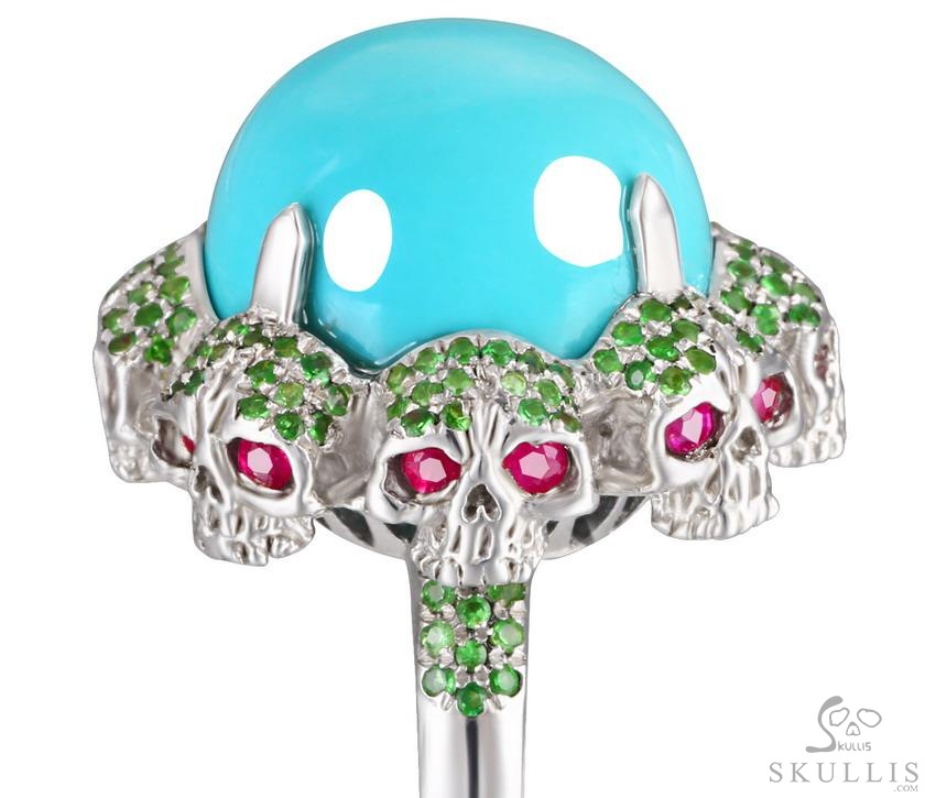 Circle of Fate - Gem Skull Ring of Turquoise Hand Carved with Skull Ruby Eyes Skulls in 925 Sterling Silver, Crystal Healing Skull Jewelry, for Women & Men Circle of Fate - Gem Skull Ring of Turquoise Hand Carved with Skull Ruby Eyes Skulls in 925 Sterling Silver, Crystal Healing Skull Jewelry, for Women & Men