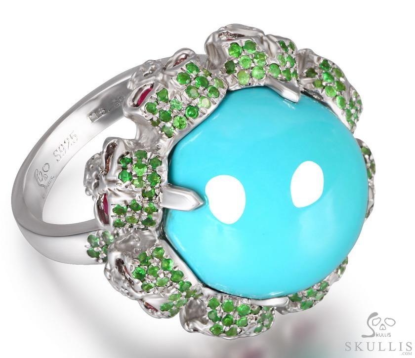 Circle of Fate - Gem Skull Ring of Turquoise Hand Carved with Skull Ruby Eyes Skulls in 925 Sterling Silver, Crystal Healing Skull Jewelry, for Women & Men Circle of Fate - Gem Skull Ring of Turquoise Hand Carved with Skull Ruby Eyes Skulls in 925 Sterling Silver, Crystal Healing Skull Jewelry, for Women & Men