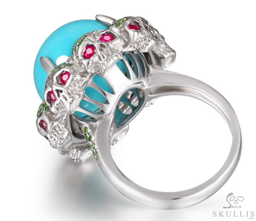 Circle of Fate - Gem Skull Ring of Turquoise Hand Carved with Skull Ruby Eyes Skulls in 925 Sterling Silver, Crystal Healing Skull Jewelry, for Women & Men Circle of Fate - Gem Skull Ring of Turquoise Hand Carved with Skull Ruby Eyes Skulls in 925 Sterling Silver, Crystal Healing Skull Jewelry, for Women & Men