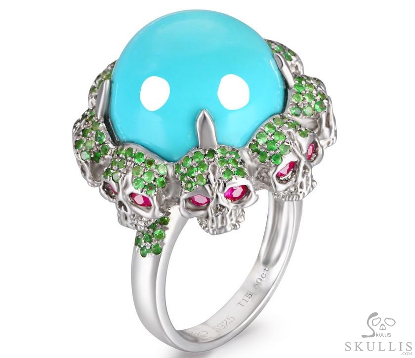 Circle of Fate - Gem Skull Ring of Turquoise Hand Carved with Skull Ruby Eyes Skulls in 925 Sterling Silver, Crystal Healing Skull Jewelry, for Women & Men Circle of Fate - Gem Skull Ring of Turquoise Hand Carved with Skull Ruby Eyes Skulls in 925 Sterling Silver, Crystal Healing Skull Jewelry, for Women & Men