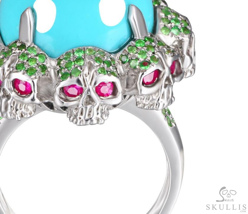 Circle of Fate - Gem Skull Ring of Turquoise Hand Carved with Skull Ruby Eyes Skulls in 925 Sterling Silver, Crystal Healing Skull Jewelry, for Women & Men Circle of Fate - Gem Skull Ring of Turquoise Hand Carved with Skull Ruby Eyes Skulls in 925 Sterling Silver, Crystal Healing Skull Jewelry, for Women & Men