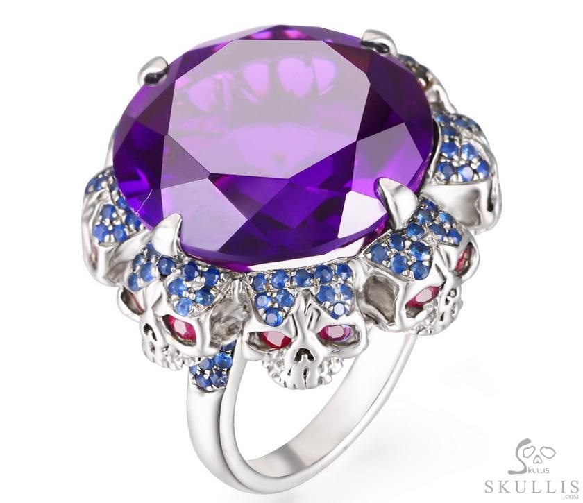 Circle of Fate - Gem Skull Ring of Amethyst Hand Carved with Ruby Eyes Skulls in 925 Sterling Silver, Crystal Healing Skull Jewelry, for Women & Men Circle of Fate - Gem Skull Ring of Amethyst Hand Carved with Ruby Eyes Skulls in 925 Sterling Silver, Crystal Healing Skull Jewelry, for Women & Men
