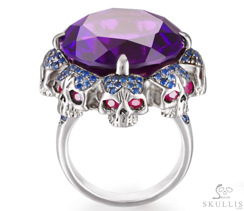Circle of Fate - Gem Skull Ring of Amethyst Hand Carved with Ruby Eyes Skulls in 925 Sterling Silver, Crystal Healing Skull Jewelry, for Women & Men Circle of Fate - Gem Skull Ring of Amethyst Hand Carved with Ruby Eyes Skulls in 925 Sterling Silver, Crystal Healing Skull Jewelry, for Women & Men