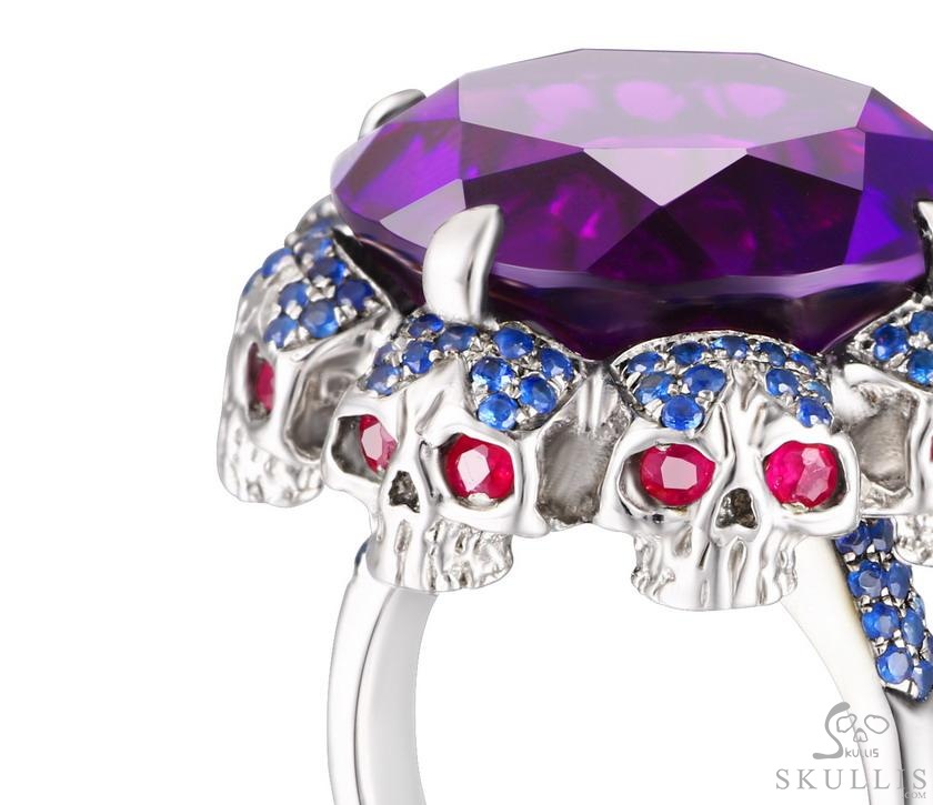 Circle of Fate - Gem Skull Ring of Amethyst Hand Carved with Ruby Eyes Skulls in 925 Sterling Silver, Crystal Healing Skull Jewelry, for Women & Men Circle of Fate - Gem Skull Ring of Amethyst Hand Carved with Ruby Eyes Skulls in 925 Sterling Silver, Crystal Healing Skull Jewelry, for Women & Men