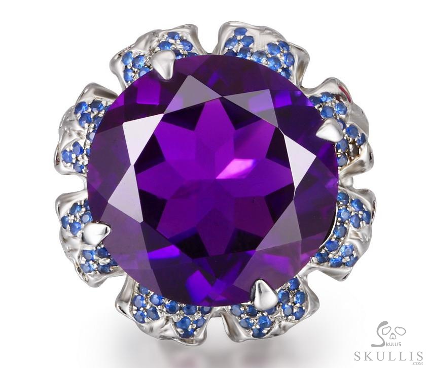 Circle of Fate - Gem Skull Ring of Amethyst Hand Carved with Ruby Eyes Skulls in 925 Sterling Silver, Crystal Healing Skull Jewelry, for Women & Men Circle of Fate - Gem Skull Ring of Amethyst Hand Carved with Ruby Eyes Skulls in 925 Sterling Silver, Crystal Healing Skull Jewelry, for Women & Men