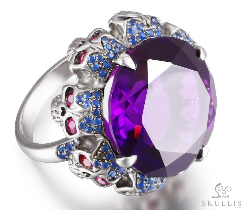 Circle of Fate - Gem Skull Ring of Amethyst Hand Carved with Ruby Eyes Skulls in 925 Sterling Silver, Crystal Healing Skull Jewelry, for Women & Men Circle of Fate - Gem Skull Ring of Amethyst Hand Carved with Ruby Eyes Skulls in 925 Sterling Silver, Crystal Healing Skull Jewelry, for Women & Men