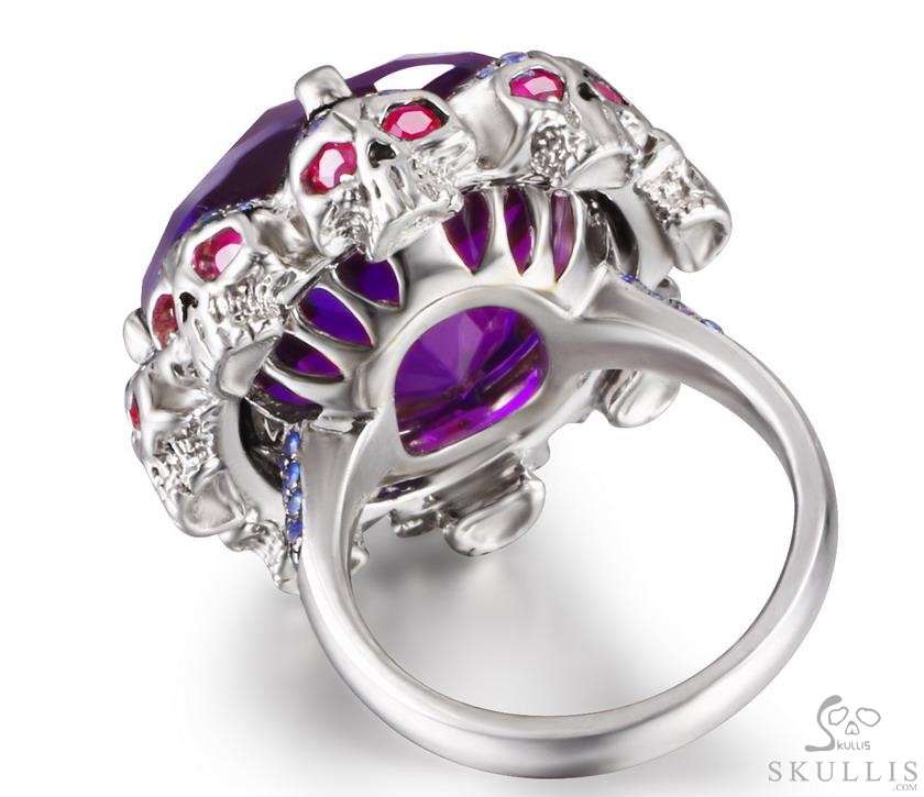 Circle of Fate - Gem Skull Ring of Amethyst Hand Carved with Ruby Eyes Skulls in 925 Sterling Silver, Crystal Healing Skull Jewelry, for Women & Men Circle of Fate - Gem Skull Ring of Amethyst Hand Carved with Ruby Eyes Skulls in 925 Sterling Silver, Crystal Healing Skull Jewelry, for Women & Men