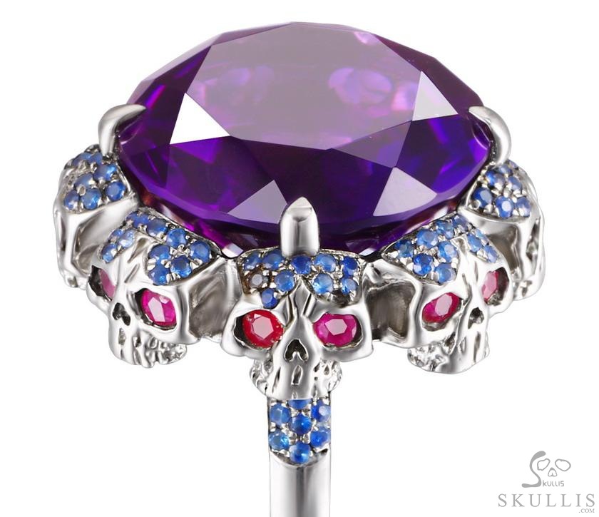 Circle of Fate - Gem Skull Ring of Amethyst Hand Carved with Ruby Eyes Skulls in 925 Sterling Silver, Crystal Healing Skull Jewelry, for Women & Men Circle of Fate - Gem Skull Ring of Amethyst Hand Carved with Ruby Eyes Skulls in 925 Sterling Silver, Crystal Healing Skull Jewelry, for Women & Men
