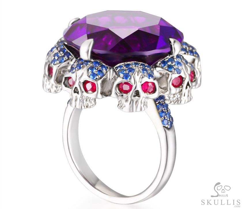 Circle of Fate - Gem Skull Ring of Amethyst Hand Carved with Ruby Eyes Skulls in 925 Sterling Silver, Crystal Healing Skull Jewelry, for Women & Men Circle of Fate - Gem Skull Ring of Amethyst Hand Carved with Ruby Eyes Skulls in 925 Sterling Silver, Crystal Healing Skull Jewelry, for Women & Men