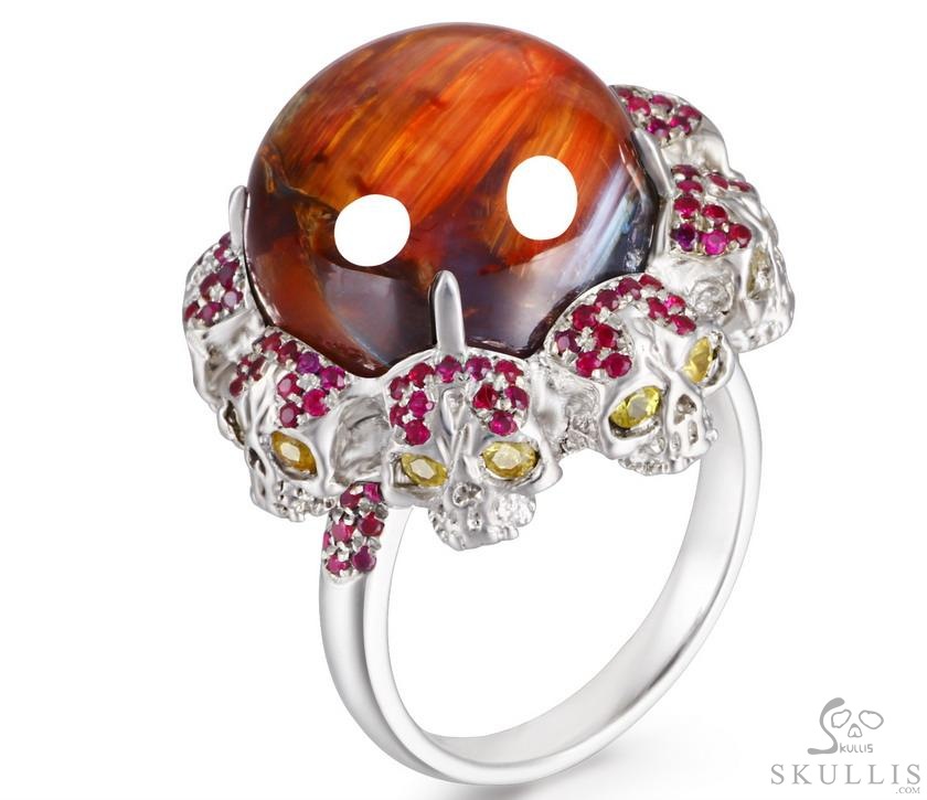 Circle of Fate - Gem Skull Ring of Red Pietersite Hand Carved with Ruby Eyes Skulls in 925 Sterling Silver, Crystal Healing Skull Jewelry, for Women & Men Circle of Fate - Gem Skull Ring of Red Pietersite Hand Carved with Ruby Eyes Skulls in 925 Sterling Silver, Crystal Healing Skull Jewelry, for Women & Men