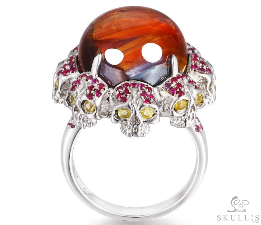 Circle of Fate - Gem Skull Ring of Red Pietersite Hand Carved with Ruby Eyes Skulls in 925 Sterling Silver, Crystal Healing Skull Jewelry, for Women & Men Circle of Fate - Gem Skull Ring of Red Pietersite Hand Carved with Ruby Eyes Skulls in 925 Sterling Silver, Crystal Healing Skull Jewelry, for Women & Men