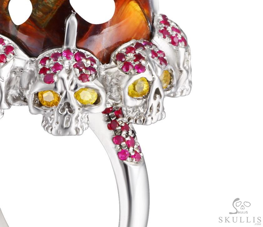 Circle of Fate - Gem Skull Ring of Red Pietersite Hand Carved with Ruby Eyes Skulls in 925 Sterling Silver, Crystal Healing Skull Jewelry, for Women & Men Circle of Fate - Gem Skull Ring of Red Pietersite Hand Carved with Ruby Eyes Skulls in 925 Sterling Silver, Crystal Healing Skull Jewelry, for Women & Men
