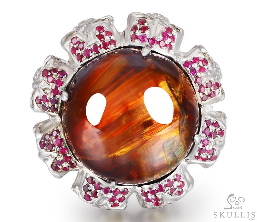 Circle of Fate - Gem Skull Ring of Red Pietersite Hand Carved with Ruby Eyes Skulls in 925 Sterling Silver, Crystal Healing Skull Jewelry, for Women & Men Circle of Fate - Gem Skull Ring of Red Pietersite Hand Carved with Ruby Eyes Skulls in 925 Sterling Silver, Crystal Healing Skull Jewelry, for Women & Men