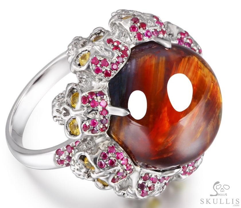 Circle of Fate - Gem Skull Ring of Red Pietersite Hand Carved with Ruby Eyes Skulls in 925 Sterling Silver, Crystal Healing Skull Jewelry, for Women & Men Circle of Fate - Gem Skull Ring of Red Pietersite Hand Carved with Ruby Eyes Skulls in 925 Sterling Silver, Crystal Healing Skull Jewelry, for Women & Men
