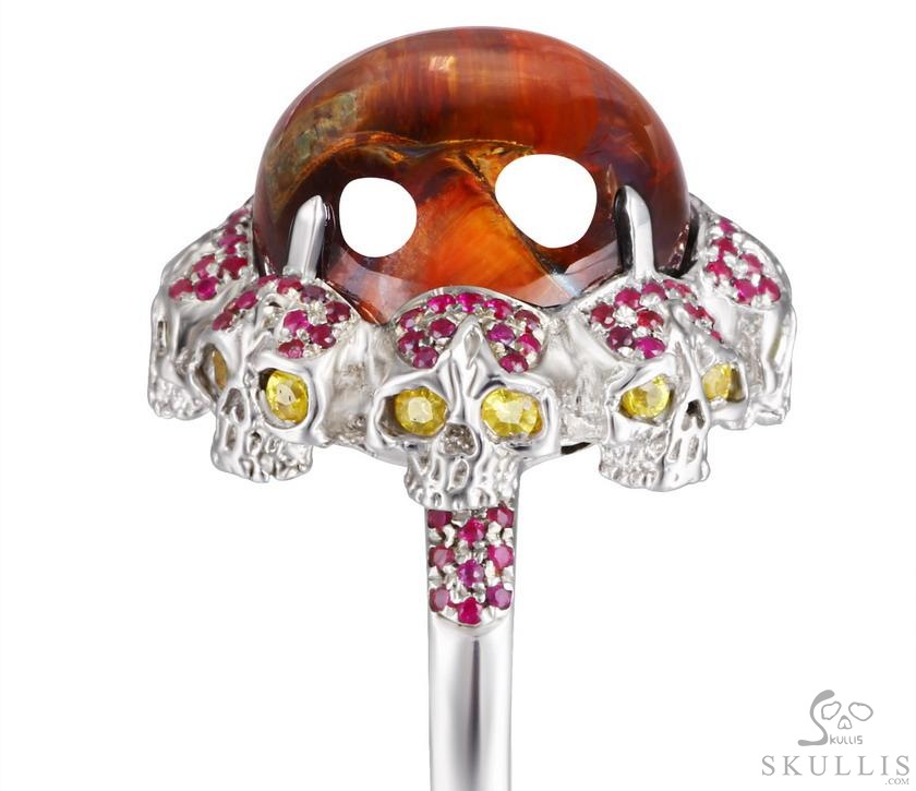 Circle of Fate - Gem Skull Ring of Red Pietersite Hand Carved with Ruby Eyes Skulls in 925 Sterling Silver, Crystal Healing Skull Jewelry, for Women & Men Circle of Fate - Gem Skull Ring of Red Pietersite Hand Carved with Ruby Eyes Skulls in 925 Sterling Silver, Crystal Healing Skull Jewelry, for Women & Men