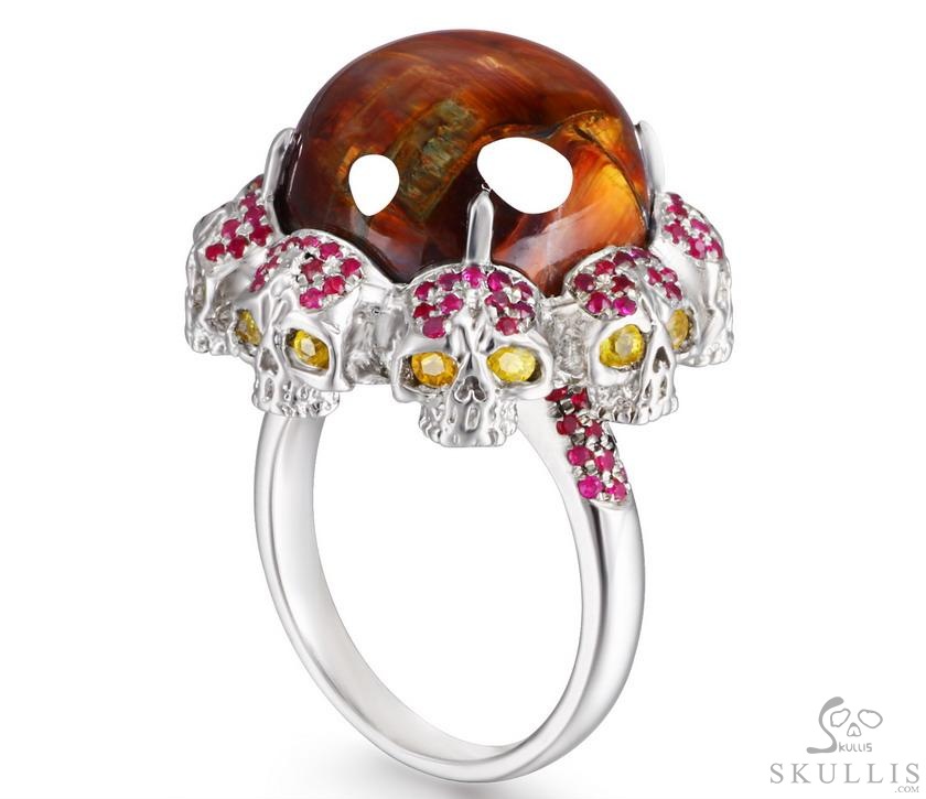 Circle of Fate - Gem Skull Ring of Red Pietersite Hand Carved with Ruby Eyes Skulls in 925 Sterling Silver, Crystal Healing Skull Jewelry, for Women & Men Circle of Fate - Gem Skull Ring of Red Pietersite Hand Carved with Ruby Eyes Skulls in 925 Sterling Silver, Crystal Healing Skull Jewelry, for Women & Men