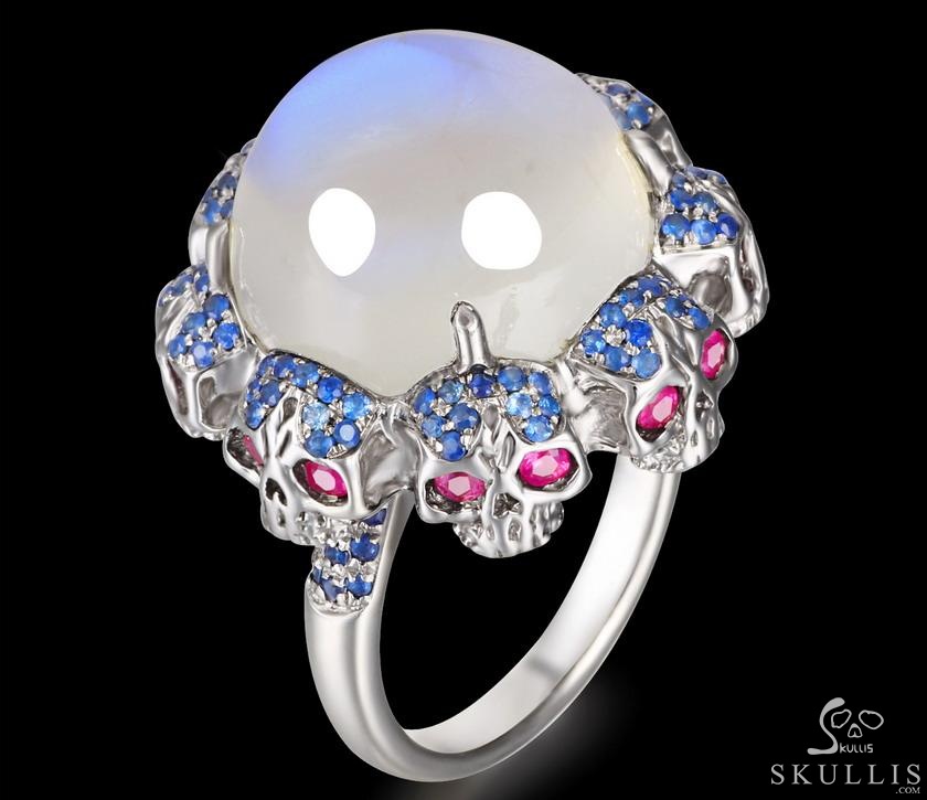 Circle of Fate - Gem Skull Ring of Moonstone Hand Carved with Ruby Eyes Skulls in 925 Sterling Silver, Crystal Healing Skull Jewelry, for Women & Men Circle of Fate - Gem Skull Ring of Moonstone Hand Carved with Ruby Eyes Skulls in 925 Sterling Silver, Crystal Healing Skull Jewelry, for Women & Men