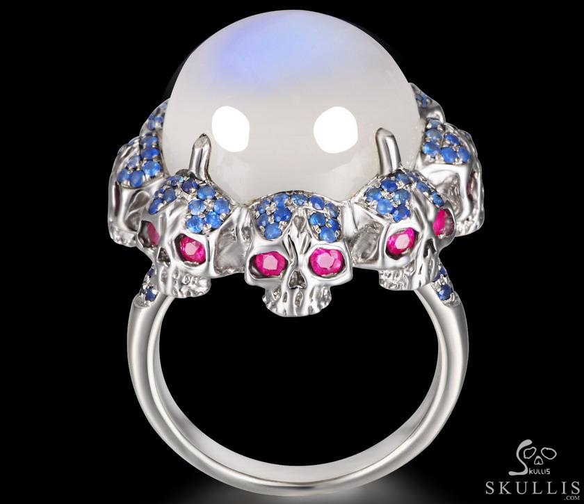 Circle of Fate - Gem Skull Ring of Moonstone Hand Carved with Ruby Eyes Skulls in 925 Sterling Silver, Crystal Healing Skull Jewelry, for Women & Men Circle of Fate - Gem Skull Ring of Moonstone Hand Carved with Ruby Eyes Skulls in 925 Sterling Silver, Crystal Healing Skull Jewelry, for Women & Men