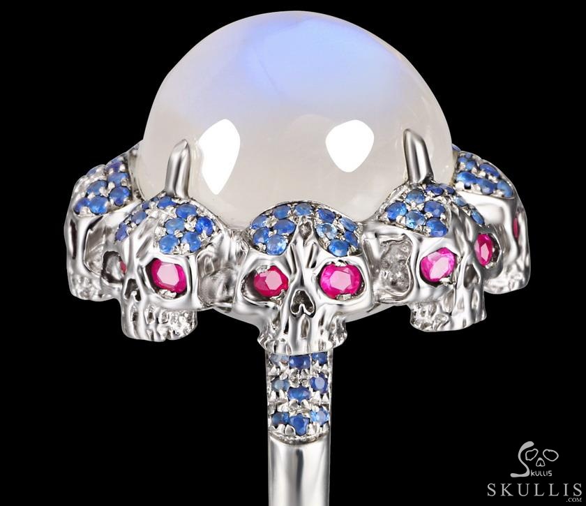 Circle of Fate - Gem Skull Ring of Moonstone Hand Carved with Ruby Eyes Skulls in 925 Sterling Silver, Crystal Healing Skull Jewelry, for Women & Men Circle of Fate - Gem Skull Ring of Moonstone Hand Carved with Ruby Eyes Skulls in 925 Sterling Silver, Crystal Healing Skull Jewelry, for Women & Men