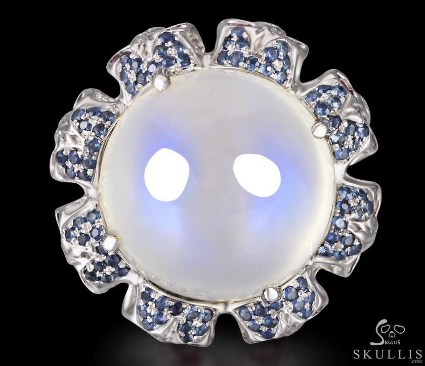 Circle of Fate - Gem Skull Ring of Moonstone Hand Carved with Ruby Eyes Skulls in 925 Sterling Silver, Crystal Healing Skull Jewelry, for Women & Men Circle of Fate - Gem Skull Ring of Moonstone Hand Carved with Ruby Eyes Skulls in 925 Sterling Silver, Crystal Healing Skull Jewelry, for Women & Men