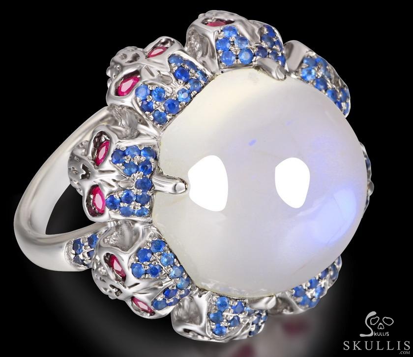 Circle of Fate - Gem Skull Ring of Moonstone Hand Carved with Ruby Eyes Skulls in 925 Sterling Silver, Crystal Healing Skull Jewelry, for Women & Men Circle of Fate - Gem Skull Ring of Moonstone Hand Carved with Ruby Eyes Skulls in 925 Sterling Silver, Crystal Healing Skull Jewelry, for Women & Men