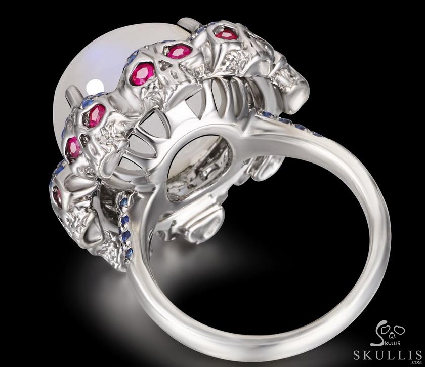 Circle of Fate - Gem Skull Ring of Moonstone Hand Carved with Ruby Eyes Skulls in 925 Sterling Silver, Crystal Healing Skull Jewelry, for Women & Men Circle of Fate - Gem Skull Ring of Moonstone Hand Carved with Ruby Eyes Skulls in 925 Sterling Silver, Crystal Healing Skull Jewelry, for Women & Men